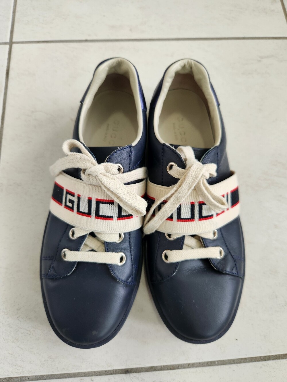 Gucci Kids Ace Navy Leather Logo Strap Sneakers EU 33